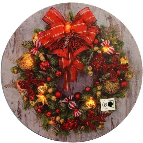 QUADRO NATALIZIO TONDO CON GHIRLANDA FIOCCO ROSSO 30X30X1.8CM CON MICROLED BIANCO CALDO ACCESSORI LUCI