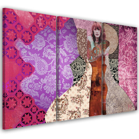 Quadro su tela 3 paneli, Una donna su uno sfondo decorativo - 60x40
