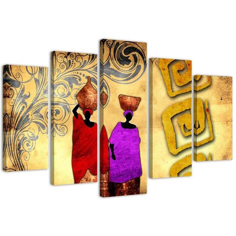 Quadro su tela 5 paneli Dipingere l'Africa Donne colorate - 200x100