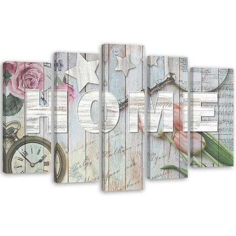 Quadro su tela 5 paneli Home Iscrizione Legno Fiori - 150x100