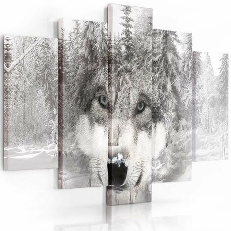 Quadro su tela 5 paneli Lupo foresta animale grigio - 150x100