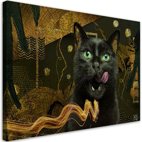 Quadro su tela, Abstrazione d'oro del gatto nero - 100x70