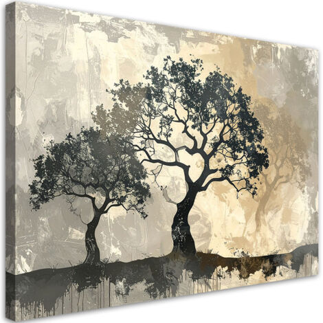 Quadro su tela, Alberi grunge in beige effetto vernice, 30x20