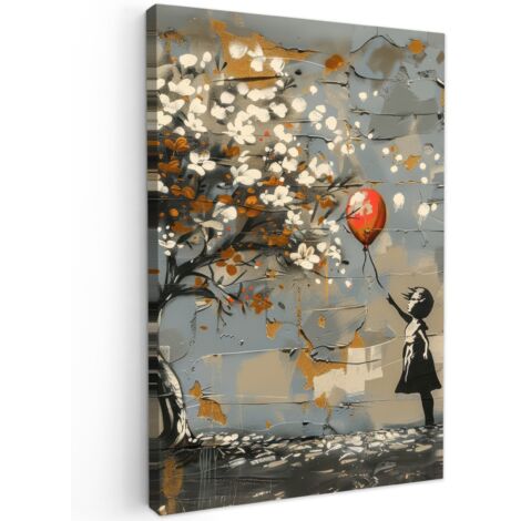 QUADRO SU TELA Albero - Graffiti - Stile Banksy - Ragazza con palloncino 60x90 cm