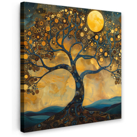 QUADRO SU TELA Albero - Luna - Fiori - Oro - Arte 20x20 cm