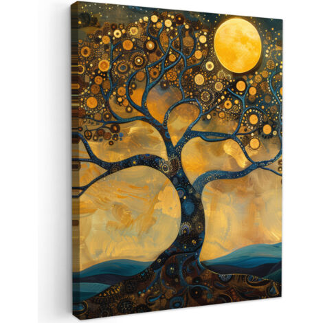QUADRO SU TELA Albero - Luna - Fiori - Oro - Arte 60x80 cm