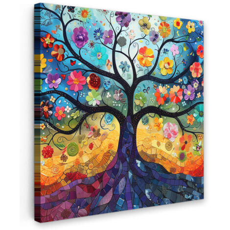QUADRO SU TELA Arte - Albero della vita - Fiori - Hippie 20x20 cm