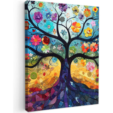 QUADRO SU TELA Arte - Albero della vita - Fiori - Hippie 60x80 cm