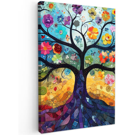 QUADRO SU TELA Arte - Albero della vita - Fiori - Hippie 60x90 cm