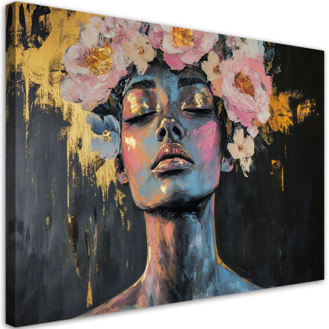 Quadro su tela, Astratti Ritratto di donna con fiori - 120x80