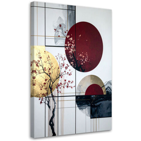 Quadro su tela, Astratto in cerchi bordeaux e foglie, 30x45