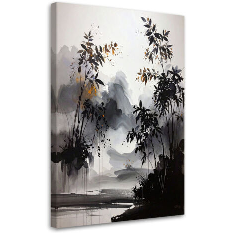 Quadro su tela, Astrazione alberi foglie paesaggio bianco e nero, 20x30
