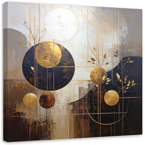 Quadro su tela, Astrazione cerchi foglie marrone beige, 50x50