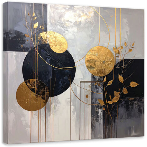 Quadro su tela, Astrazione cerchi foglie nero grigio, 20x20