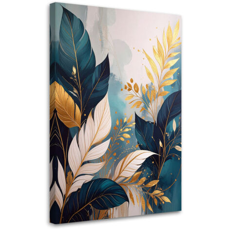Quadro su tela, Astrazione foglie piante turchese oro, 20x30