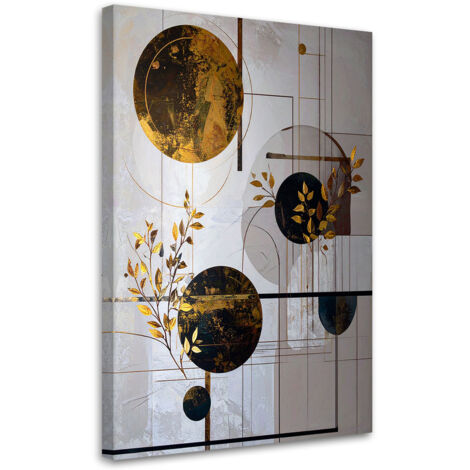 Quadro su tela, Astrazione geometrica cerchi e foglie in beige, 20x30