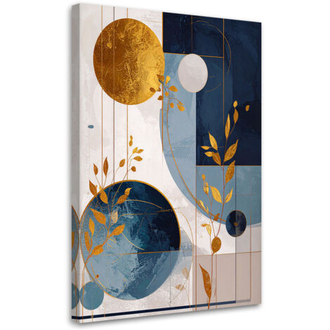 Quadro su tela, Astrazione turchese-oro di cerchi e foglie, 60x90