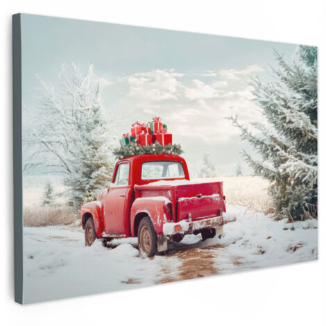 QUADRO SU TELA Auto - Rosso - Regali - Inverno - Neve - Natale 30x20 cm