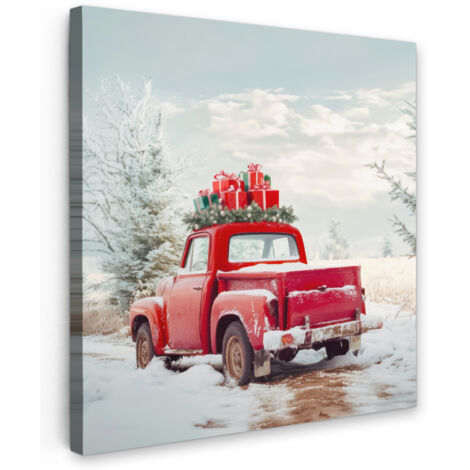 QUADRO SU TELA Auto - Rosso - Regali - Inverno - Neve - Natale 50x50 cm