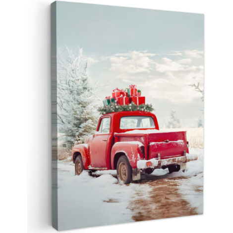QUADRO SU TELA Auto - Rosso - Regali - Inverno - Neve - Natale 60x80 cm