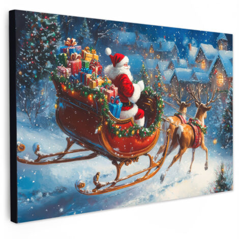 QUADRO SU TELA Babbo Natale - Renna - Natale - Neve 30x20 cm