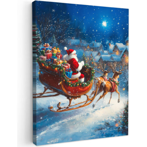 QUADRO SU TELA Babbo Natale - Renna - Natale - Neve 60x80 cm