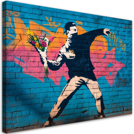 Quadro su tela, Banksy â€˜Flower Thrower' Street Art - 90x60
