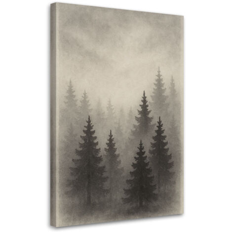 Quadro su tela, Bosco Alberi Nebbia Grigio Acquerello - 80x120