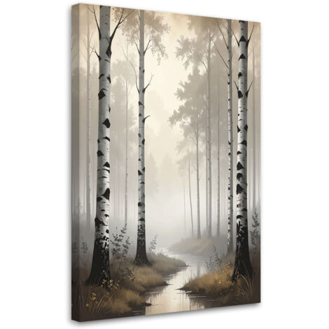 Quadro su tela, Bosco di betulle fiume paesaggio nella nebbia natura, 20x30