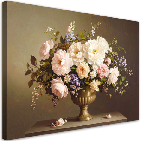 Quadro su tela, Bouquet di fiori in un vaso vintage, 100x70