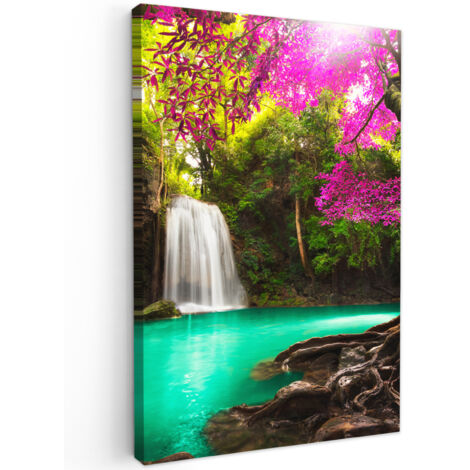 QUADRO SU TELA Cascata con fiori e alberi colorati - Natura - Giungla 20x30 cm
