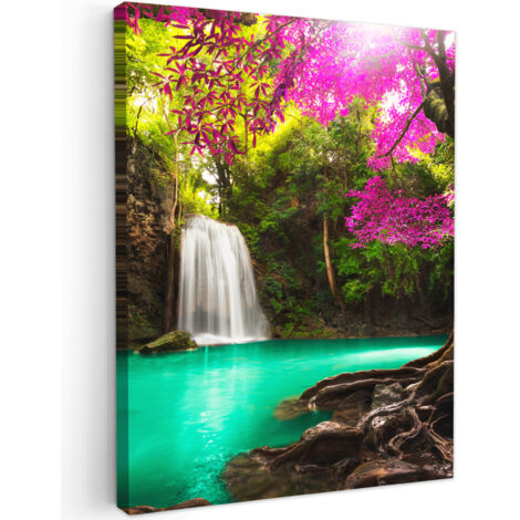 QUADRO SU TELA Cascata con fiori e alberi colorati - Natura - Giungla 60x80 cm