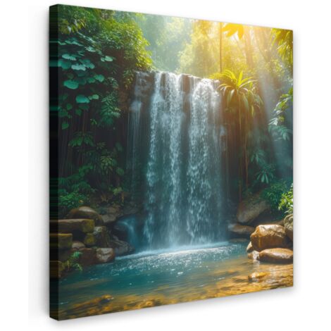 QUADRO SU TELA Cascata - Giungla - Sole - Verde - Natura 20x20 cm