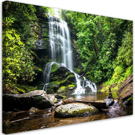 Quadro su tela, Cascata nella foresta verde - 90x60