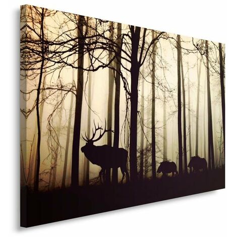 Quadro su tela, Cervi nella foresta Nebbia Marrone - 120x80