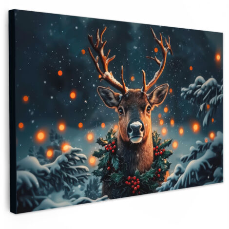 QUADRO SU TELA Cervo - Natale - Inverno - Neve - Ghirlanda natalizia 140x90 cm