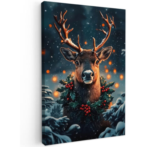 QUADRO SU TELA Cervo - Natale - Inverno - Neve - Ghirlanda natalizia 20x30 cm