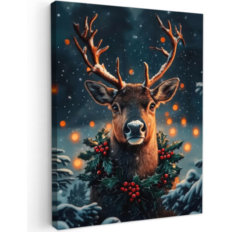 QUADRO SU TELA Cervo - Natale - Inverno - Neve - Ghirlanda natalizia 60x80 cm