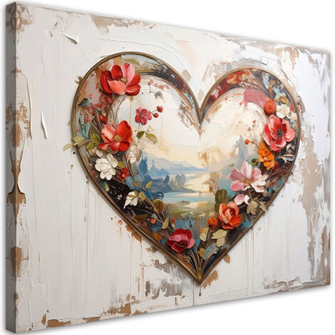 Quadro su tela, Cuore 3D amore fiori in stile shabby chic, 30x20