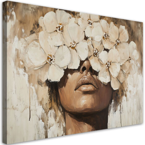 Quadro su tela, Donna Fiori in testa Beige - 60x40
