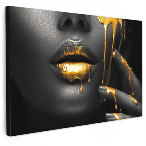 QUADRO SU TELA Donna - Nero - Oro - Viso - Labbra 30x20 cm