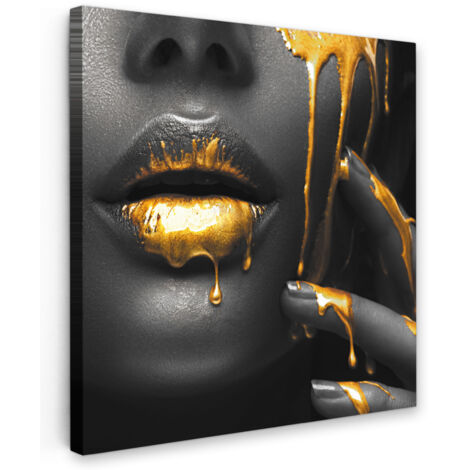 QUADRO SU TELA Donna - Nero - Oro - Viso - Labbra 50x50 cm