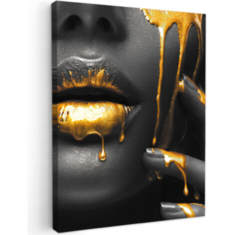 QUADRO SU TELA Donna - Nero - Oro - Viso - Labbra 60x80 cm