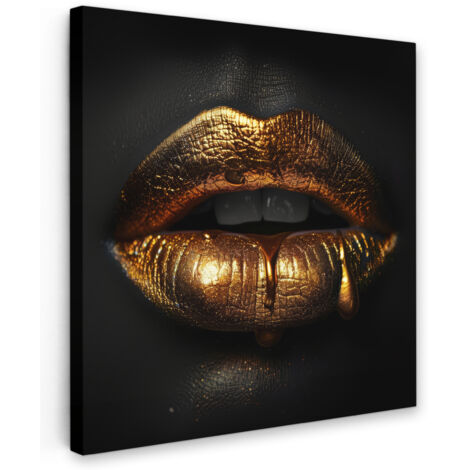 QUADRO SU TELA Donna - Ritratto - Labbra - Oro - Nero 20x20 cm