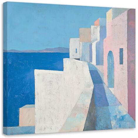 Quadro su tela, Edifici pastello Paesaggio marino Blu - 40x40