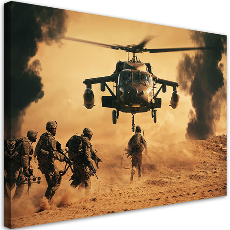 Quadro su tela, Elicottero e soldati in missione - 60x40