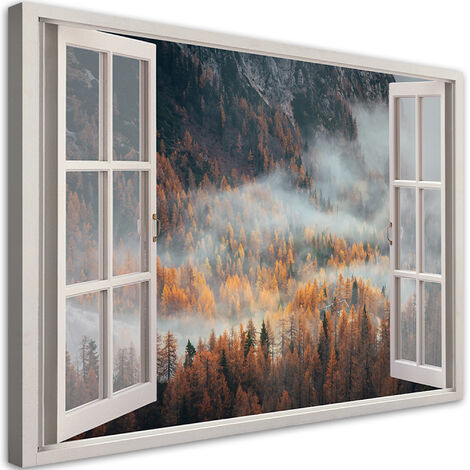 Quadro su tela, Finestra autunnale della nebbia in montagna - 60x40