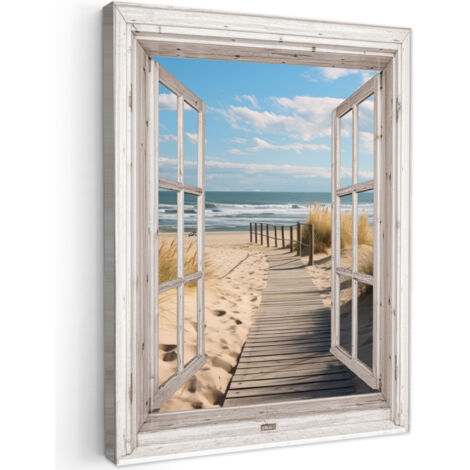 QUADRO SU TELA Finestra - Mare - Costa - Natura - Vista - Spiaggia - Mare di Wadden 60x80 cm