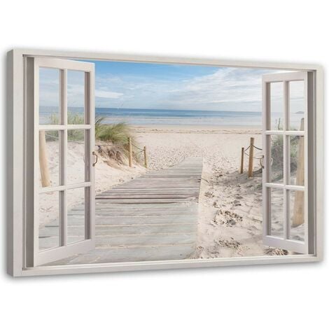 Quadro su tela, Finestra vista spiaggia mare - 120x80