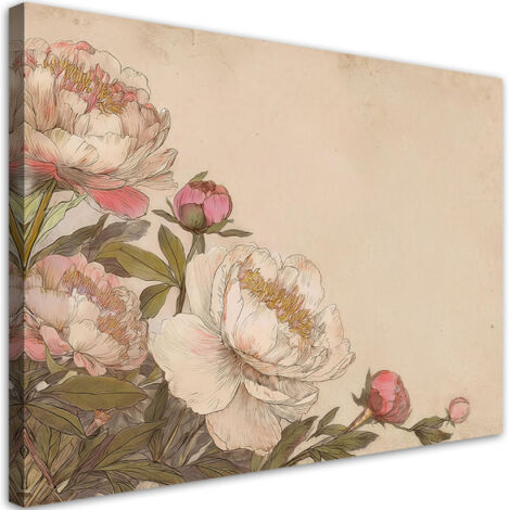 Quadro su tela, Fiori di peonia rosa RetrಠBeige - 60x40